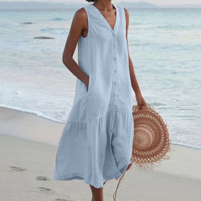 Blodwen | Women's Sleeveless Midi Button Front Dress in Blue