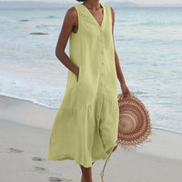 Blodwen | Women's Sleeveless Midi Button Front Dress in Green