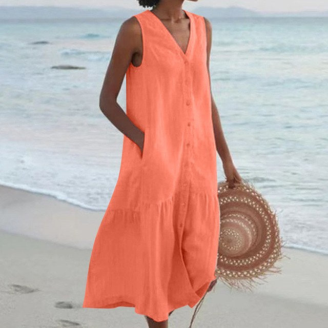 Blodwen | Women's Sleeveless Midi Button Front Dress in Orange