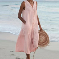 Blodwen | Women's Sleeveless Midi Button Front Dress in Pink