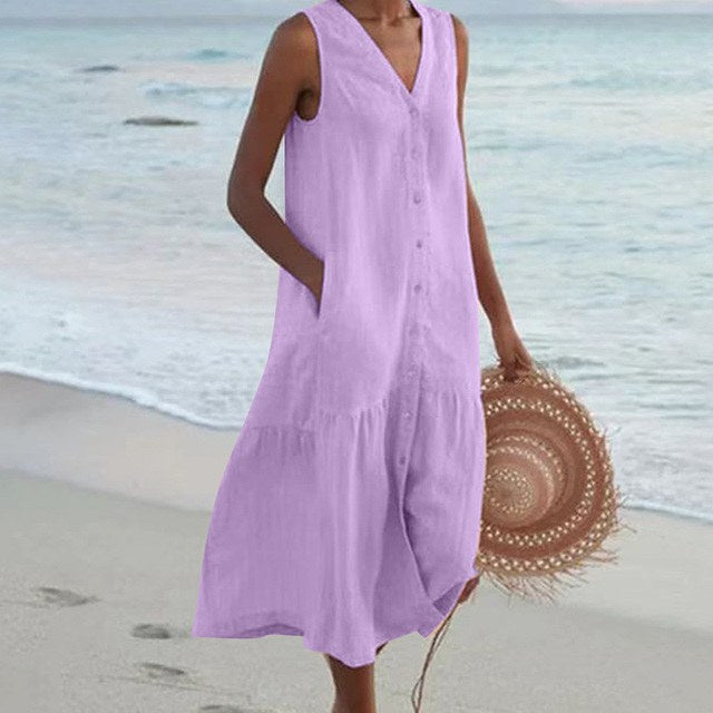Blodwen | Women's Sleeveless Midi Button Front Dress in Violet