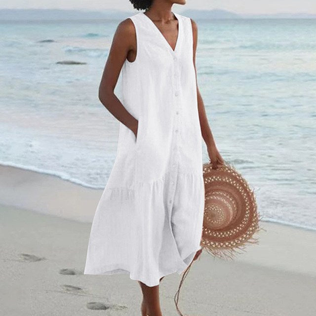 Blodwen | Women's Sleeveless Midi Button Front Dress in White