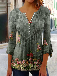 Bonnie | Women's Long Sleeve Floral Elegant Blouse in Olive Green