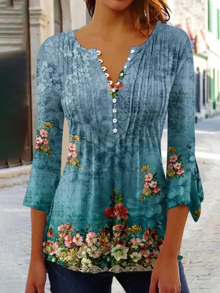 Bonnie | Women's Long Sleeve Floral Elegant Blouse in Sky Blue