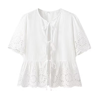 Bonnie | Women's Ruffle Detail Lace Trim Floral Blouse Top in White