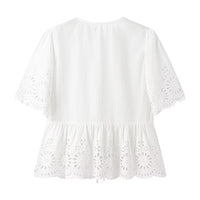 Bonnie | Women's Ruffle Detail Lace Trim Floral Blouse Top in White