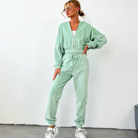 Branwen | Women's Elastic Waist Hooded Two-Piece Set in Green