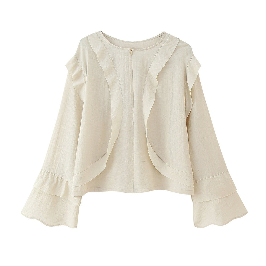 Bridget | Women's Zip Voluminous Ruffle Elegant Blouse Top in Beige