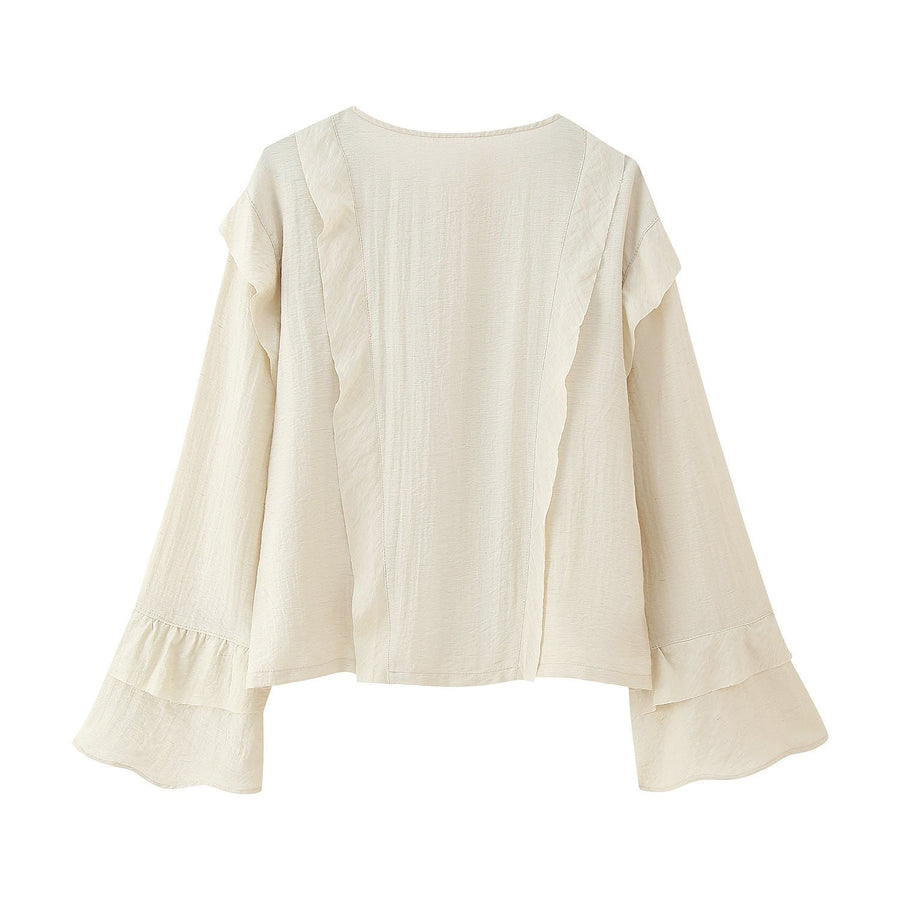 Bridget | Women's Zip Voluminous Ruffle Elegant Blouse Top in Beige