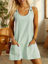 Brigid | Women's Sleeveless Striped Scoop Neck Pocket Mini Dress in Green