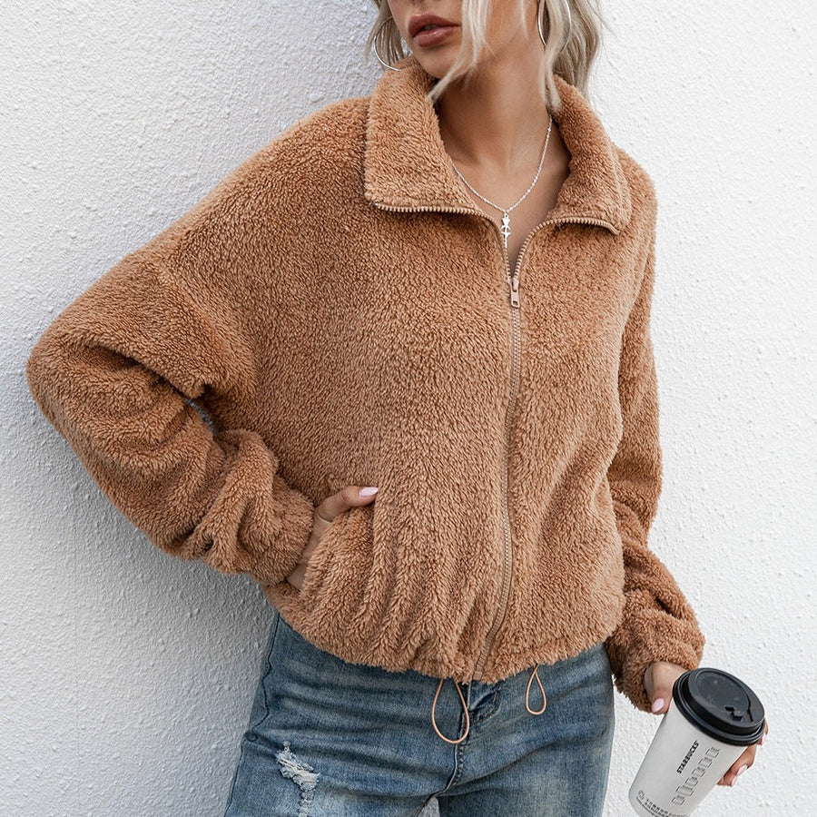 Brigida | Women's Elastic Waist Fleece Jacket in Camel
