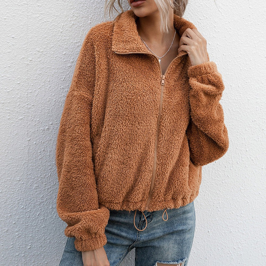 Brigida | Women's Elastic Waist Fleece Jacket in Caramel