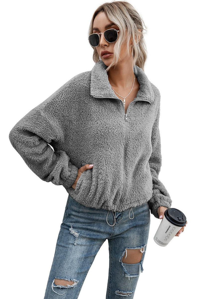 Brigida | Women's Elastic Waist Fleece Jacket in Light Gray