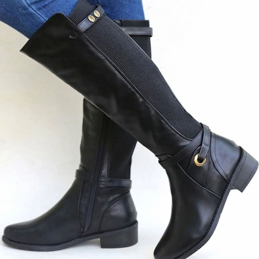 Brooklyn | Women's Knee-High Leather Boots Block Heel Elastic Panel in Black
