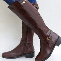 Brooklyn | Women's Knee-High Leather Boots Block Heel Elastic Panel in Brown