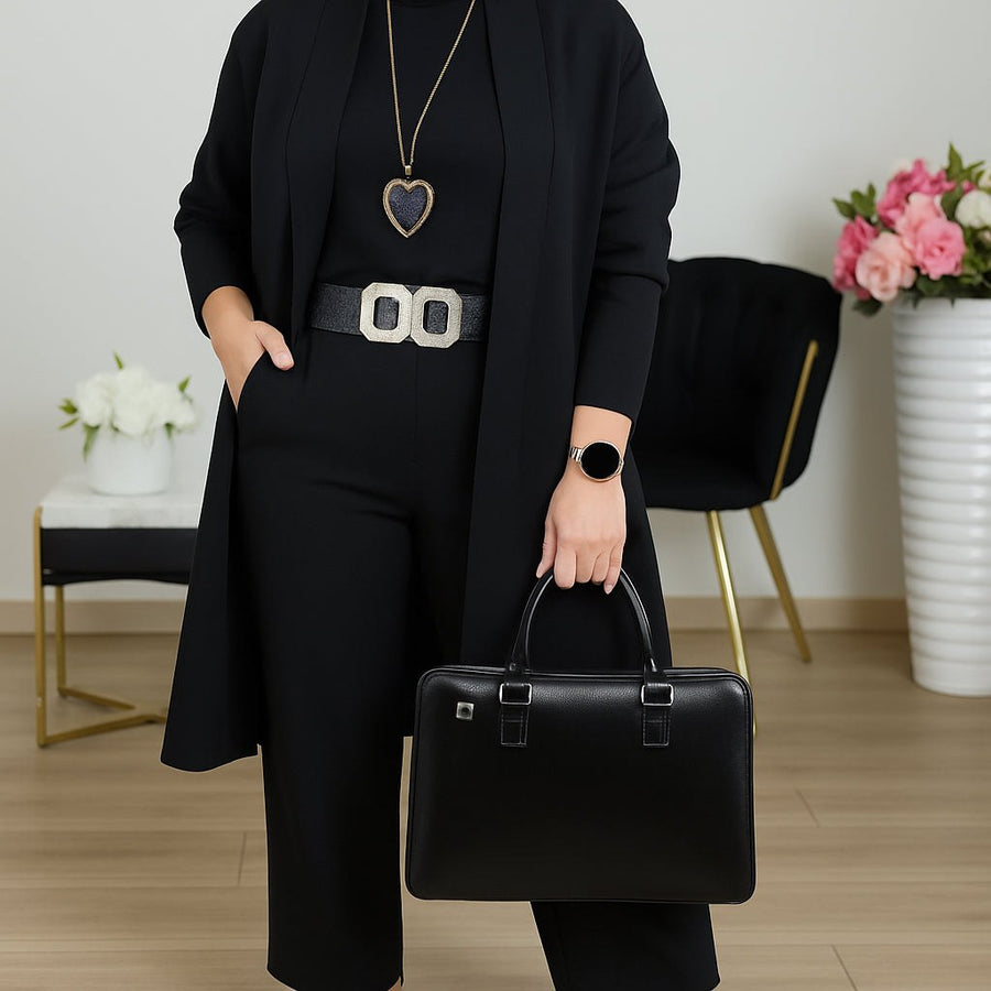 Brunhilde | Women's Longline Cardigan Straight Pants Three-Piece Set in Black
