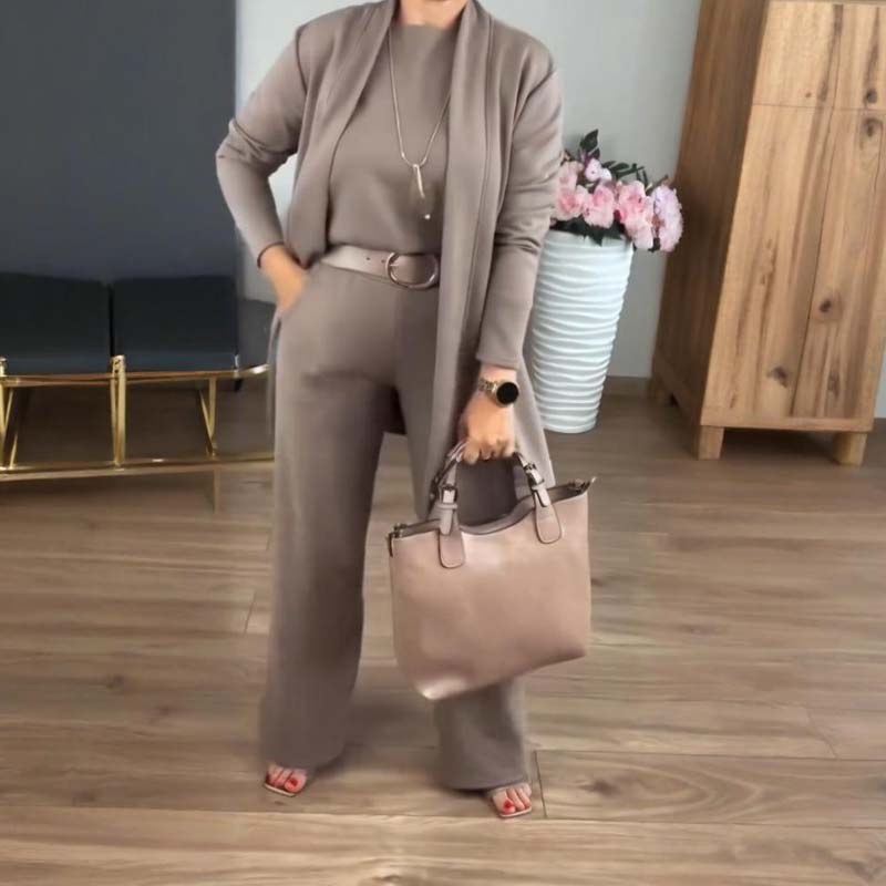 Brunhilde | Women's Longline Cardigan Straight Pants Three-Piece Set in Brown