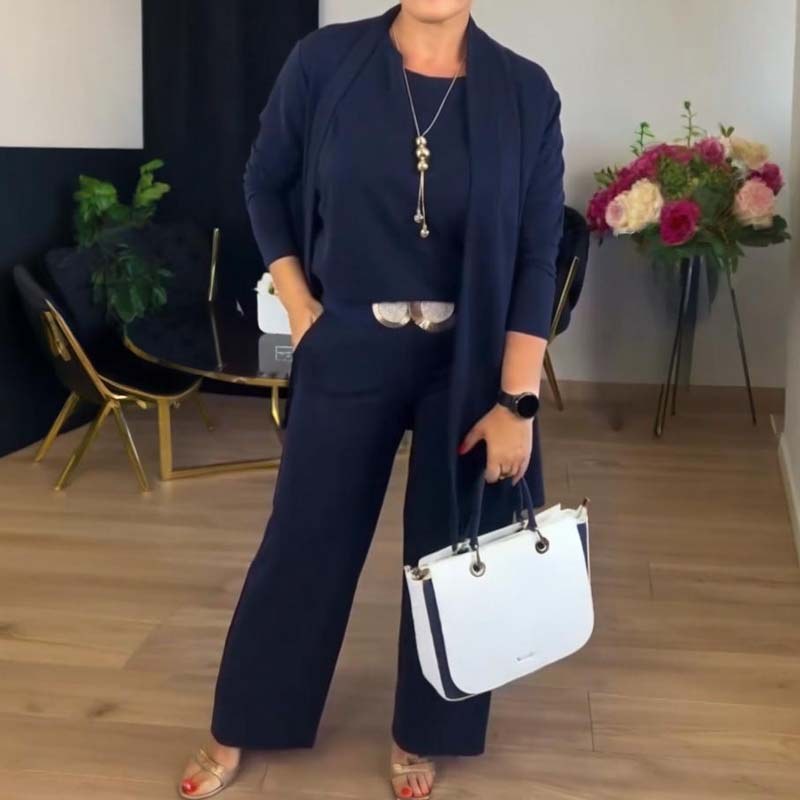 Brunhilde | Women's Longline Cardigan Straight Pants Three-Piece Set in Navy