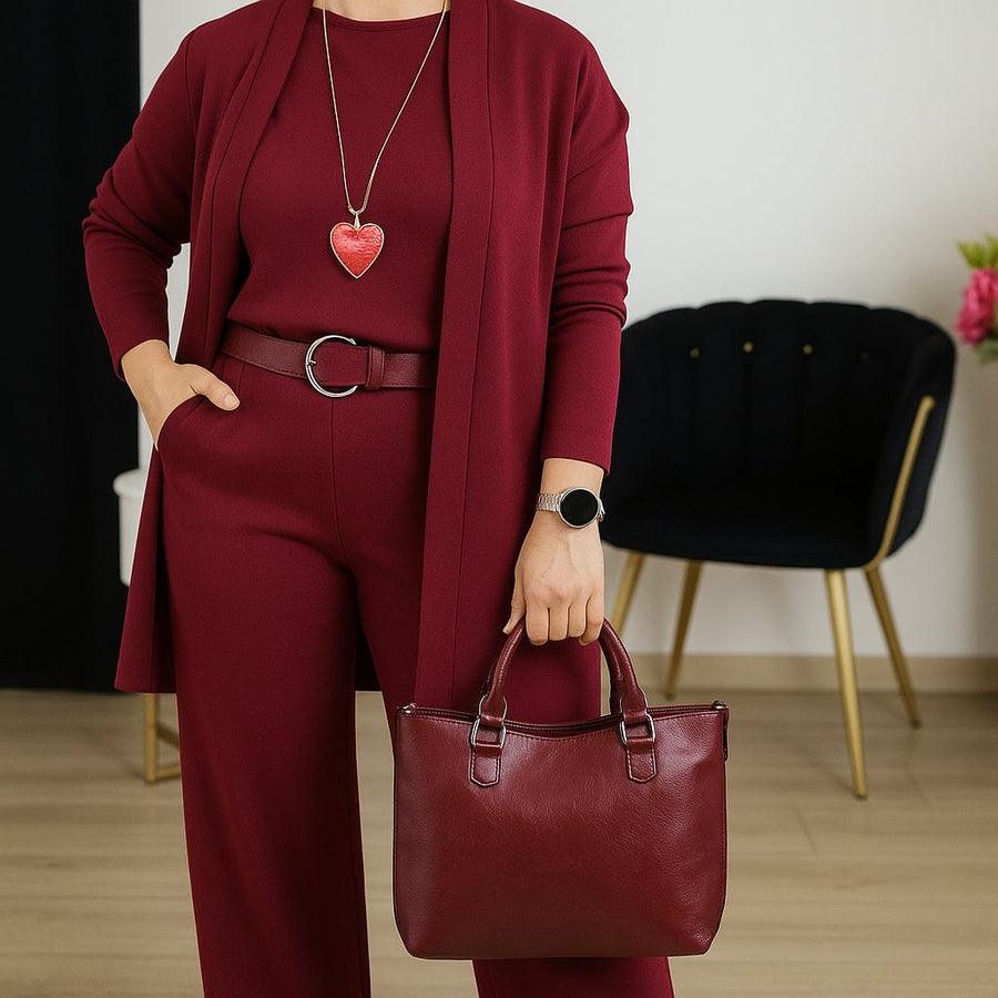 Brunhilde | Women's Longline Cardigan Straight Pants Three-Piece Set in Red