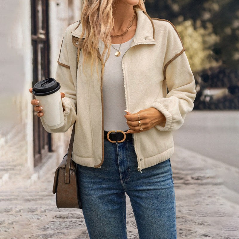 Caelestine | Women's Stand Collar Fleece Modern Jacket in Apricot