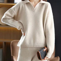 Caitlin | Women's Knit Two-Piece Lounge Outfit Set Relaxed Fit Sweater Trousers in Beige