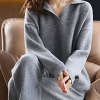Caitlin | Women's Knit Two-Piece Lounge Outfit Set Relaxed Fit Sweater Trousers in Gray