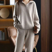 Caitlin | Women's Knit Two-Piece Lounge Outfit Set Relaxed Fit Sweater Trousers in Khaki
