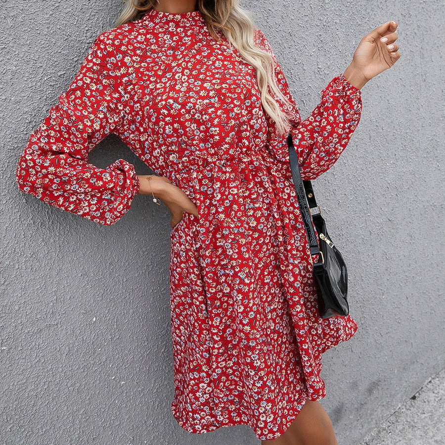 Calandra | Women's Waist Belt Belted Floral Midi Dress in Red