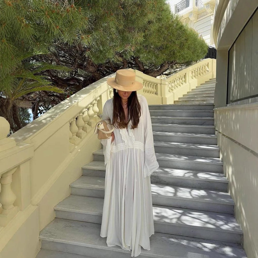 Calanthe | Women's V-Neck Ruffle Elegant Dress in White