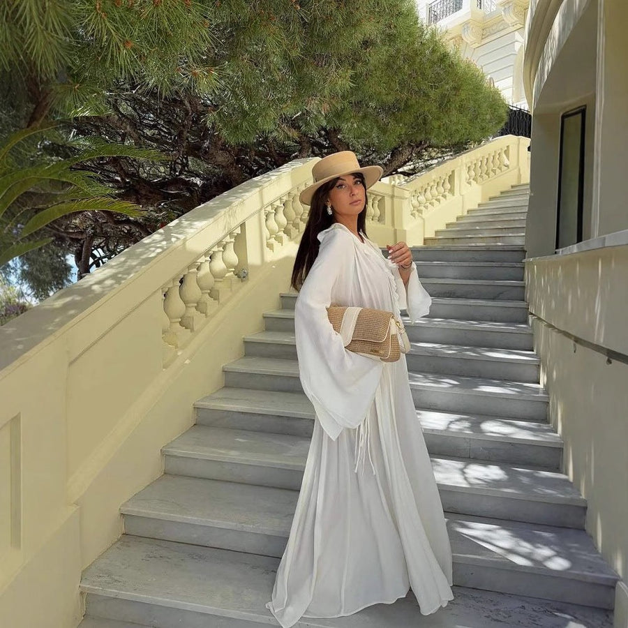 Calanthe | Women's V-Neck Ruffle Elegant Dress in White