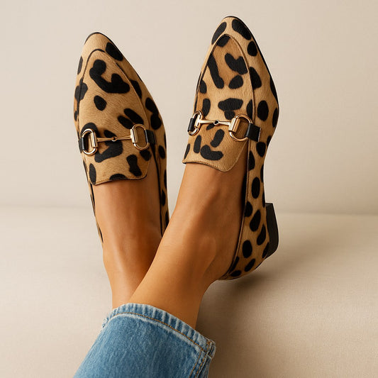 Calla | Women's Printed Pattern Pointed Slip-On Loafers in Camel