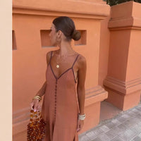 Calliope | Women's V-Neck Button Detail Dress – Casual Dress in Schokolad