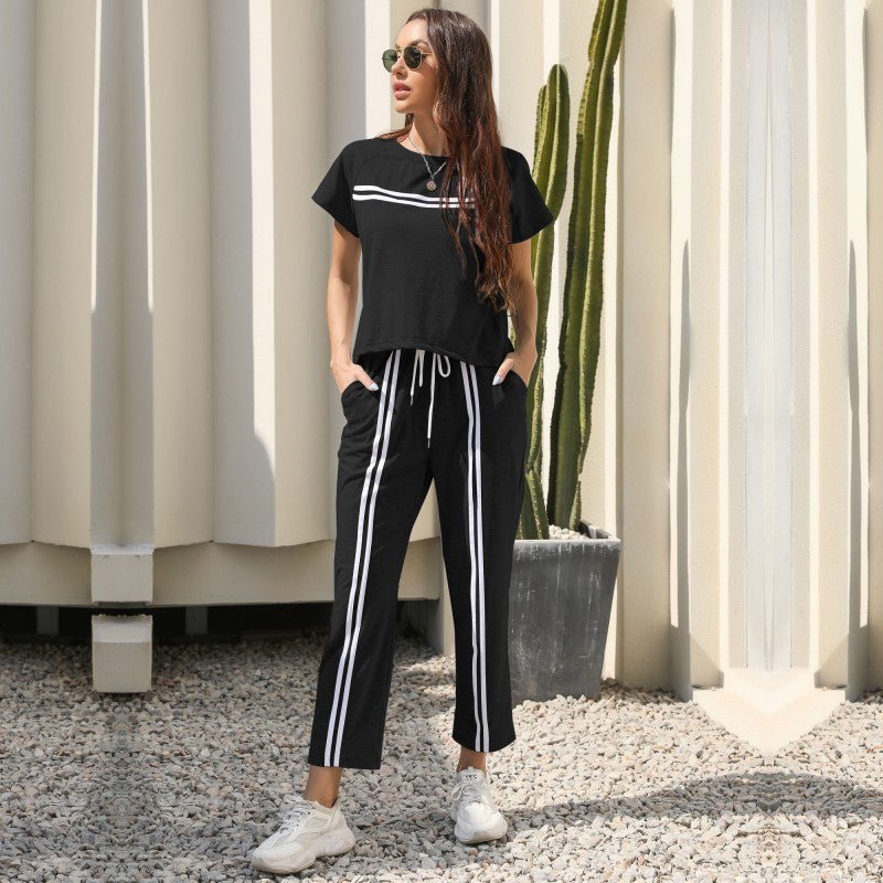 Calogera | Women's Elastic Waist Striped Two-Piece Set in Black