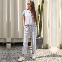 Calogera | Women's Elastic Waist Striped Two-Piece Set in Light Gray