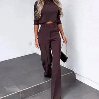 Camille | Women's Cropped Matching Top High-Waist Wide-Leg Pants Two-Piece Set in Brown
