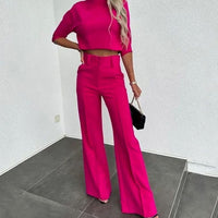 Camille | Women's Cropped Matching Top High-Waist Wide-Leg Pants Two-Piece Set in Dark Pink