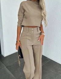 Camille | Women's Cropped Matching Top High-Waist Wide-Leg Pants Two-Piece Set in Khaki