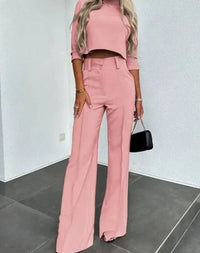 Camille | Women's Cropped Matching Top High-Waist Wide-Leg Pants Two-Piece Set in Pink