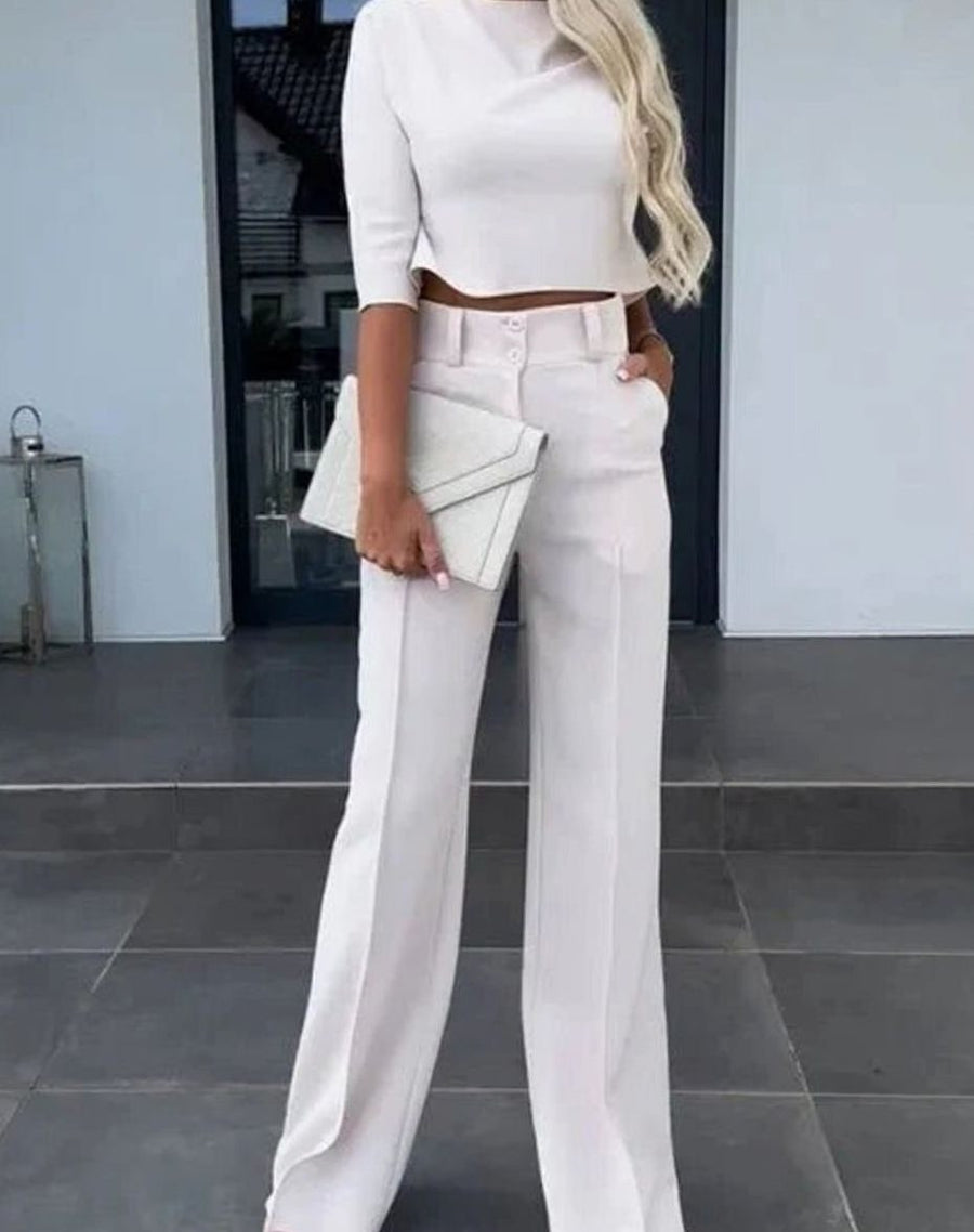 Camille | Women's Cropped Matching Top High-Waist Wide-Leg Pants Two-Piece Set in White