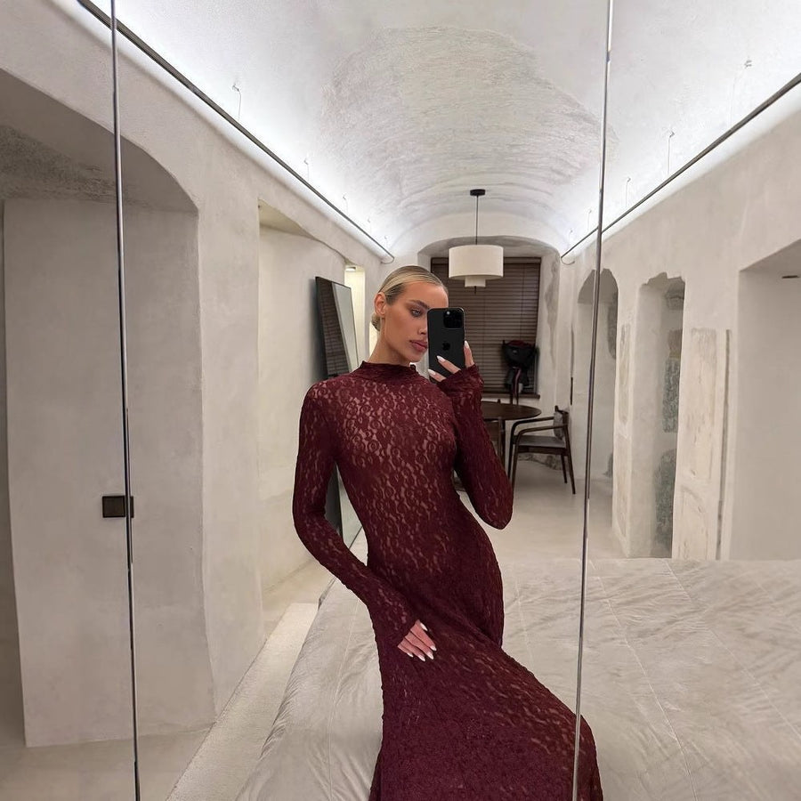 Caprice | Women's Lace Maxi Dress in Wine Red