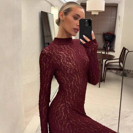 Caprice | Women's Lace Maxi Dress in Wine Red