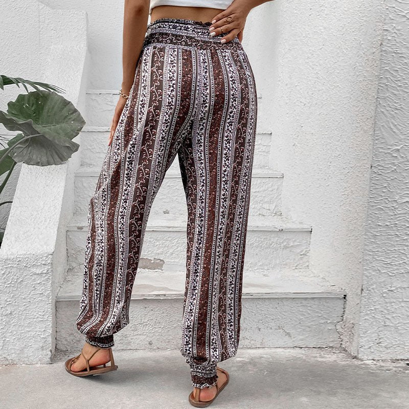 Caradoc | Women's Elastic Waist Floral Print Casual Pants – Dress Pants in Brown