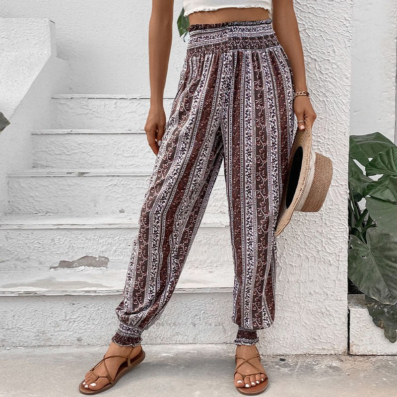 Caradoc | Women's Elastic Waist Floral Print Casual Pants – Dress Pants in Brown