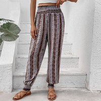 Caradoc | Women's Elastic Waist Floral Print Casual Pants – Dress Pants in Brown