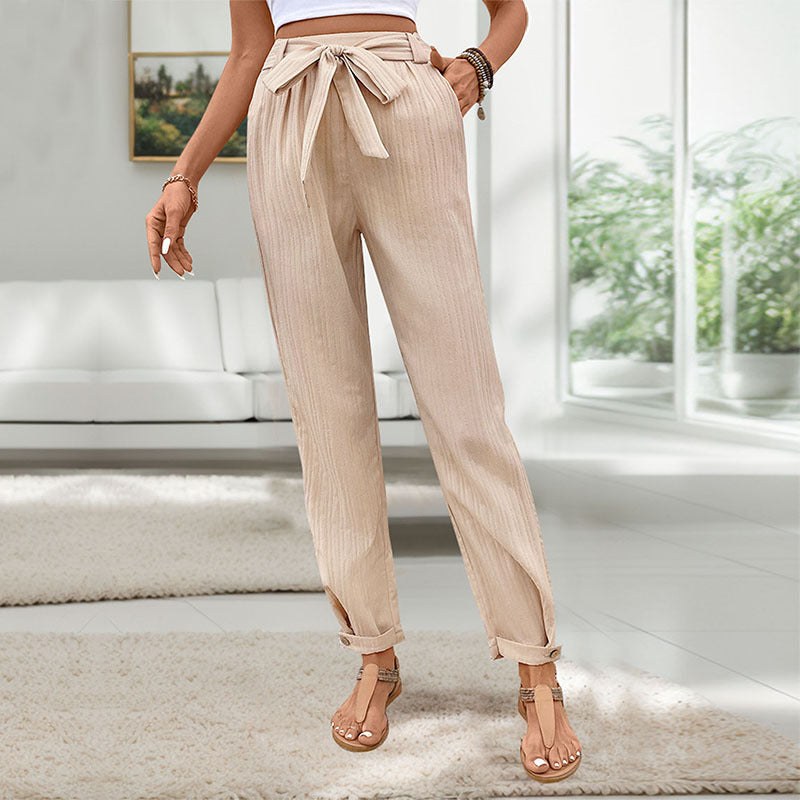 Caridad | Women's Waist Belt Belted Elegant Casual Pants – Dress Pants in Apricot
