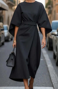 Carla | Women's Belted Lantern-Sleeve Midi Elegant Dress in Black