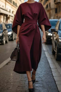 Carla | Women's Belted Lantern-Sleeve Midi Elegant Dress in Burgundy