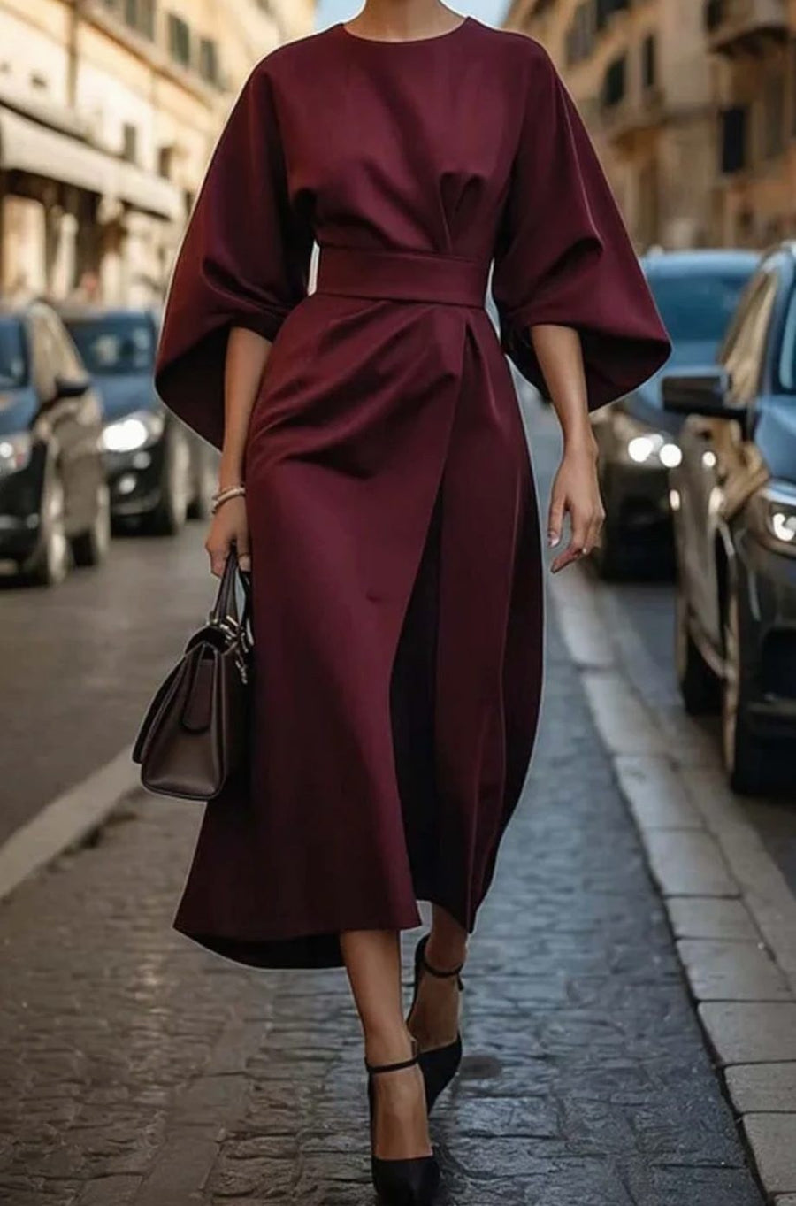 Carla | Women's Belted Lantern-Sleeve Midi Elegant Dress in Burgundy