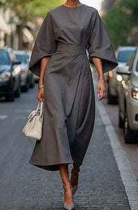 Carla | Women's Belted Lantern-Sleeve Midi Elegant Dress in Gray