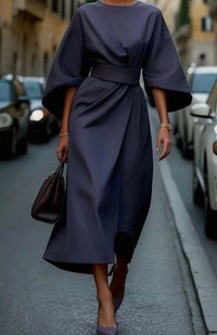 Carla | Women's Belted Lantern-Sleeve Midi Elegant Dress in Navy Blue
